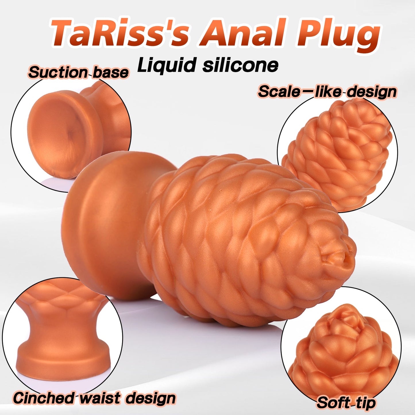 TaRiss's Silicone Anal Plug with Suction Base Gold XXL 6.49'' “Pinecone” - tarisss.com