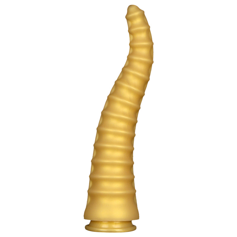 Gold MAPARON tentacle-shaped anal plug standing upright with a curved tip and ridged surface